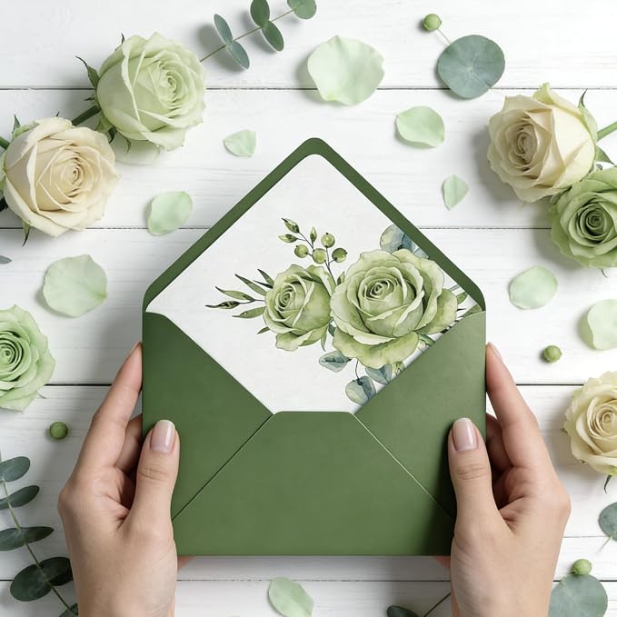 50 Pcs Olive Green Envelopes Floral Pattern 5x7 Envelopes - Image 5