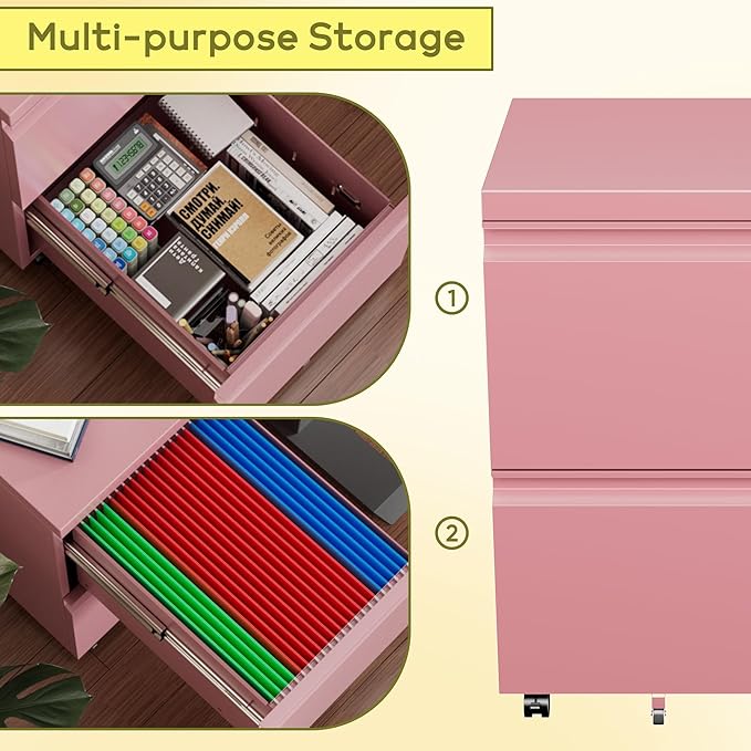 Aobabo Metal 2 Drawer Office File Cabinet with Lock, Under Desk Office Steel Files Cabinet on Wheels, 25.6''H Legal/Letter A4 Size, Fully Assembled Except Wheels,Pink-DeskLoop Office