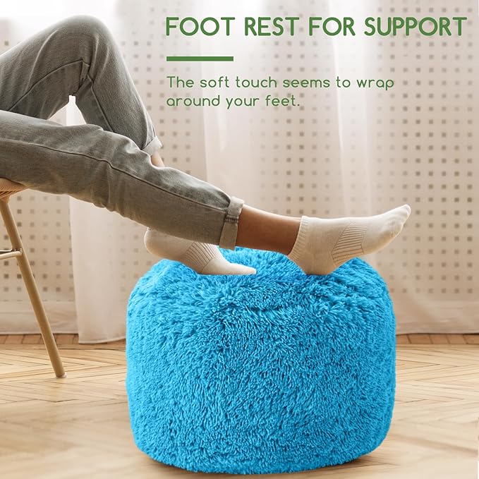 HIGOGOGO Round Stuffed Pouf Ottoman, Long Faux Fur Poufs with Foam Chunk Filling, Fluffy and Furry Pouf Foot Stool Storage Ottoman, 20 X 15 Floor Poufs Foot Rest for Living Room, Blue-DeskLoop Office