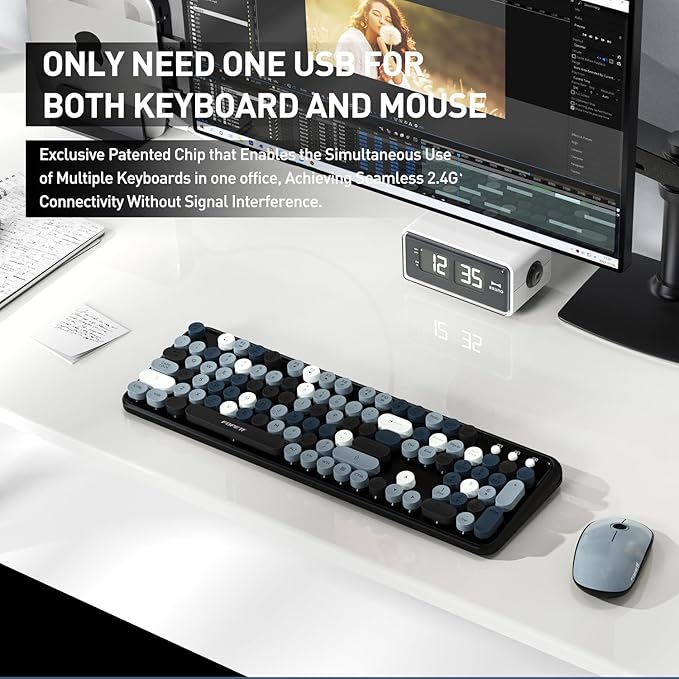 FOPETT 2.4GHz Wireless Keyboard and Mouse Set with Switch Button - Full-Size Keyboard - Compatible for Windows/Laptop/PC/Notebook/Smart TV and More - Grey Colorful-DeskLoop Office