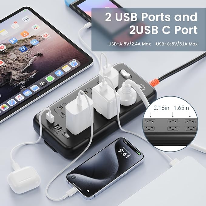 Power Strip Weatherproof, 10-in-1 Surge Protector with 6 Wide Outlets 2USB A and 2USB C,1875W/15A, 6FT Flat Plug Multi-Plug Outdoor Extension Cord for Indoor Outdoor, UL FCC Listed-DeskLoop Office