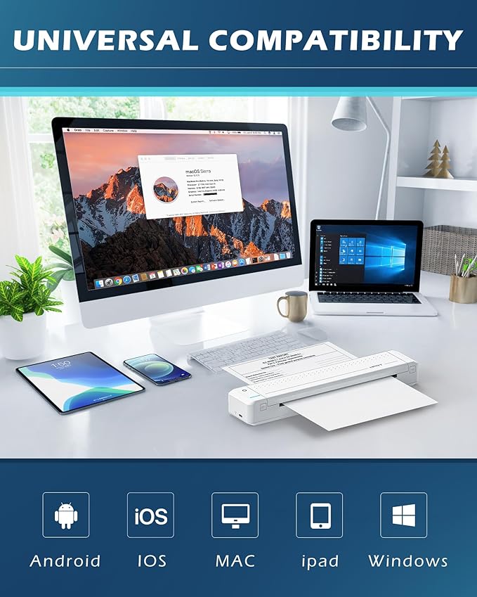 HPRT Portable Printer Wireless Bluetooth Connection MT866 Thermal Inkless Mobile Support 8.5'' X 11'' US Letter, Compatible with iPhone Android MacBook Windows Laptops (Upgraded Version), white-DeskLoop Office