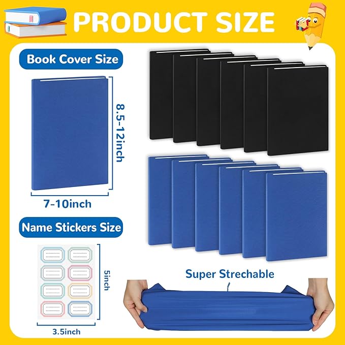 Jumbo Book Covers 12 Pack Reusable Fabric Book Cover Protective Book Covers 9 x 11 Inch Black and Blue Stretchable Book Sleeve Cover with Label Sticker for Most Hardcover Books Up to 10 x 12.5 Inch-DeskLoop Office