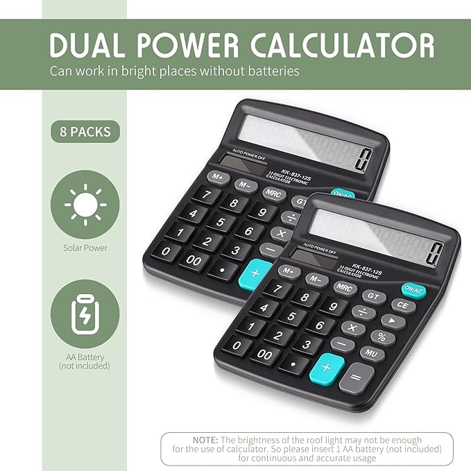 Konohan 8 Pieces 12-Digit Calculator, Solar Basic Desktop Calculator Large Display Electronic Dual Power Handheld for Home Office School(Black)-DeskLoop Office