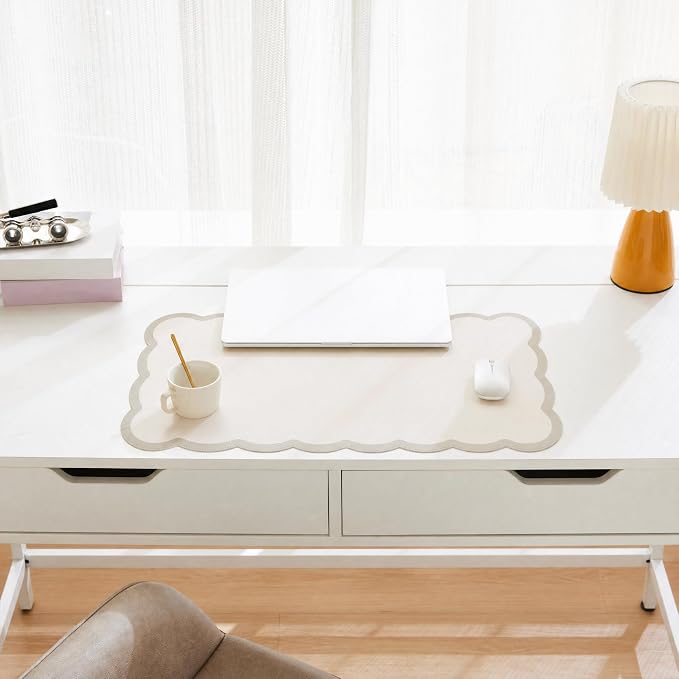 Scalloped Desk Mat, 23.6" x 11.8" Cute Small Beige Sand Aesthetic Desk - Image 2