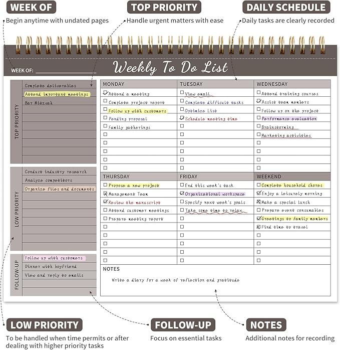 Weekly To Do List Notepad, 52 Undated Sheets （8.5"×11") Duplex-printed Weekly Planner Notepad For Work Home School Office Desk Accessories Supplies & Goal Setting Tasks - Brown-DeskLoop Office
