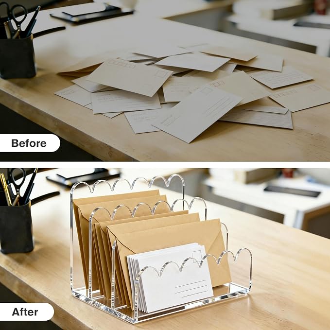 3 Compartments Acrylic Mail Organizer, Vertical File Sorter & Scalloped Desk - Image 6