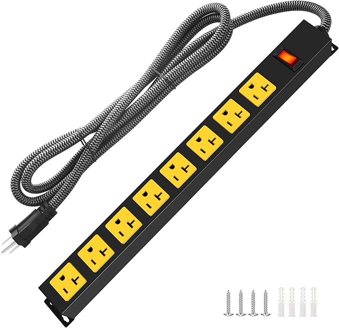 20Amp Power Strip Surge Protector, Durable Metal 8-Outlets with Heavy Duty 20 amp 10Ft 12 Gauge Extension Cord for Garage Workshop & Industrial Use, 1200J-DeskLoop Office