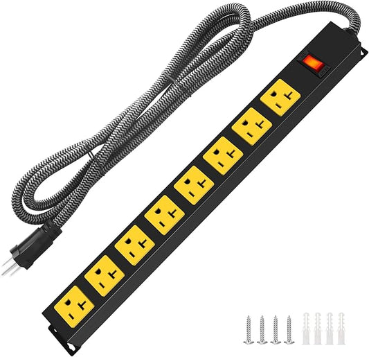 20Amp Power Strip Surge Protector, Durable Metal 8-Outlets with Heavy Duty 20 amp 10Ft 12 Gauge Extension Cord for Garage Workshop & Industrial Use, 1200J-DeskLoop Office