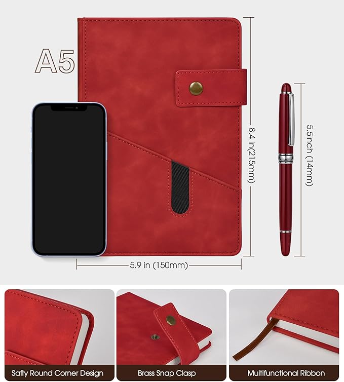Red A5 Lined Leather Journal Notebook for Men Women,5.9" X 8.4" Personalized Hardcover Journal with Pen,200 Pages 100 Gsm Thick Ruled Paper Daily Diary for Travel,Business,Work,Writing-DeskLoop Office