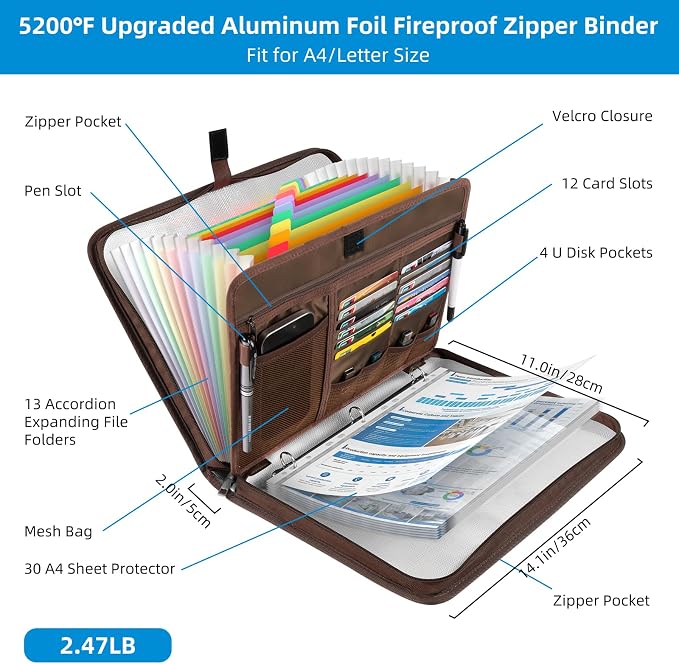 Fireproof Document Bag with Accordion File Organizer | Upgraded 5200°F Aluminum - Image 2