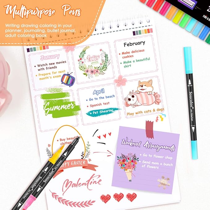 Soucolor Art Brush Markers Pens for Adult Coloring Books, Cute Preppy Stuff School Office Teacher Supplies, 34 Colors Dual Tip (Brush and Fine Point) Drawing Markers for Note Taking Journal Classroom-DeskLoop Office