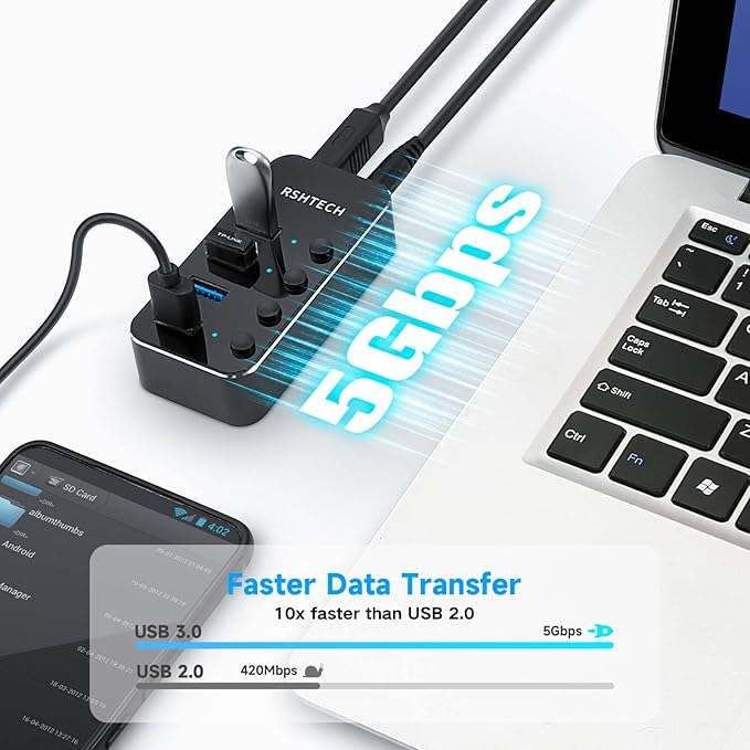 USB 3.0 Hub RSHTECH 4 Port Powered USB 3.0/USB C Hub Upgraded Version with 2-in-1 3.3ft USB Cable,5V Power Adapter and Individual Switches, Portable Aluminum USB Splitter for Laptop and PC, RSH-ST04-DeskLoop Office