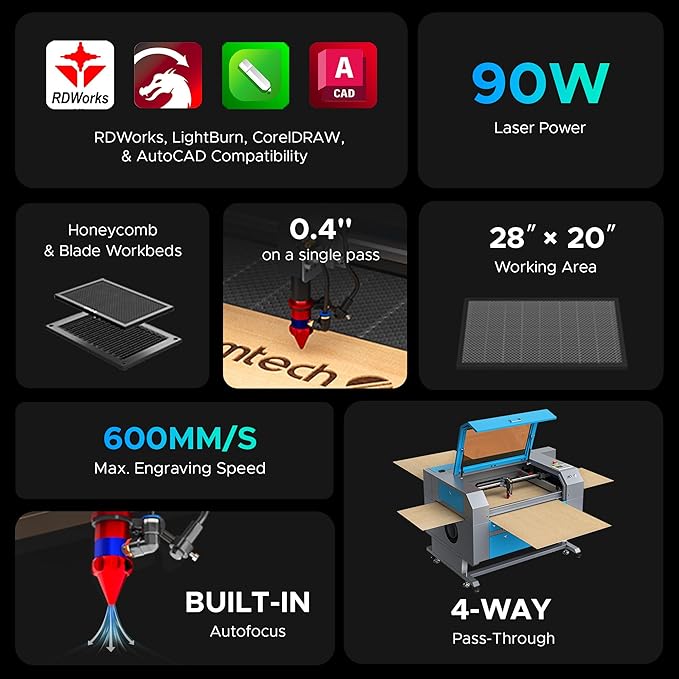 OMTech 90W CO2 Laser Engraver, 28"x20" Cutting & Engraving Machine with Autofocus, Air Assist, 4-Way Pass, Autolift, RDWorks, for Wood, Glass, Acrylic, Leather, Cardboard-DeskLoop Office