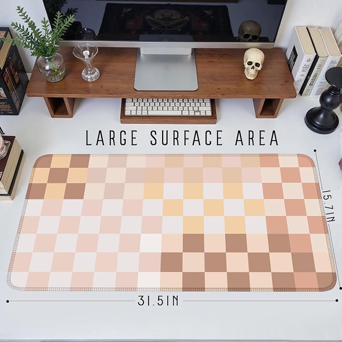 Checkered Boho Desk Mat Beige Pink Mouse Pad XXL Pastel Retro Large Mouse Pad - Image 6