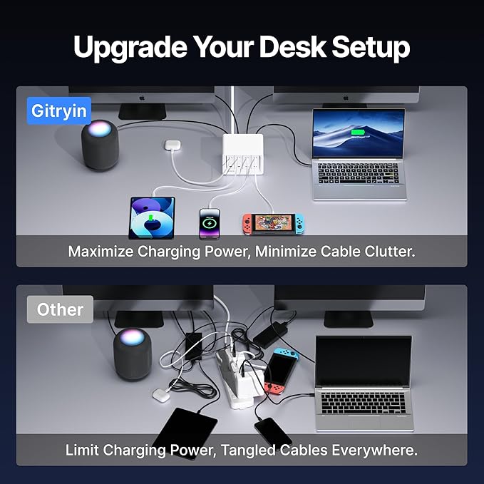 12-in-1 Desktop Charging Station with 3 Retractable Type-C Chargers and 1 Lightning Charger, 40W USB-C Power Strip with 31.5in Cable, Extension Cord with 1020J Surge Protection for Home Office-DeskLoop Office