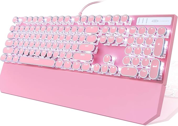 Camiysn Typewriter Style Mechanical Gaming Keyboard, Pink Retro Punk Gaming Keyboard with White Backlit, 104 Keys Blue Switch Wired Cute Keyboards, Round Keycaps for Windows/Mac/PC-DeskLoop Office