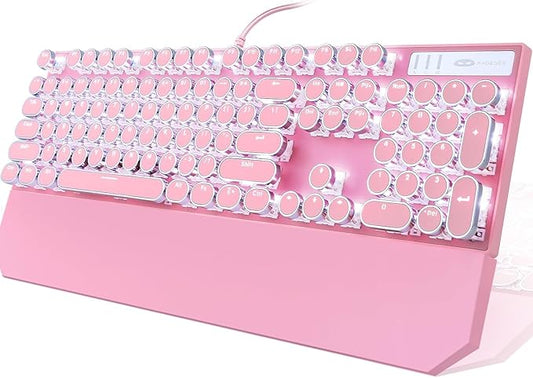 Camiysn Typewriter Style Mechanical Gaming Keyboard, Pink Retro Punk Gaming Keyboard with White Backlit, 104 Keys Blue Switch Wired Cute Keyboards, Round Keycaps for Windows/Mac/PC-DeskLoop Office