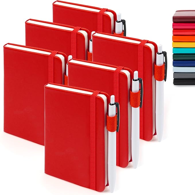 feela 6 Pack Pocket Mini Notebooks Bulk, Small Cute Memo Notepads Hardcover College Ruled Lined Journals with Pen Holder for School Business Work, with 6 Black Pens, 3.5”x 5.5”, A6, Red-DeskLoop Office