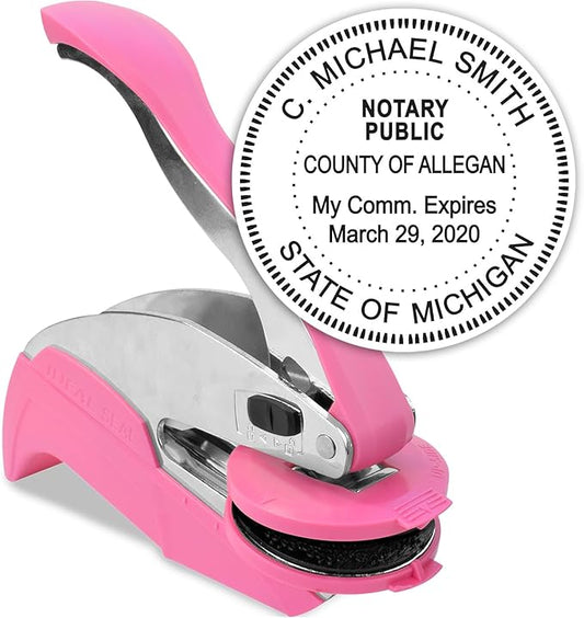 MaxMark Notary Seal Round Pink Embosser for Michigan State - Includes Gold Burst Seal Labels (50 Count)