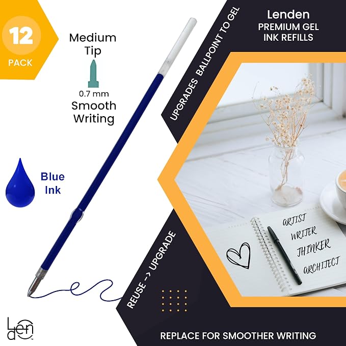 Pack of 12 Gel Blue Ink Refill for Retractable Pens, Medium Tip Point 0.7mm - Image 2