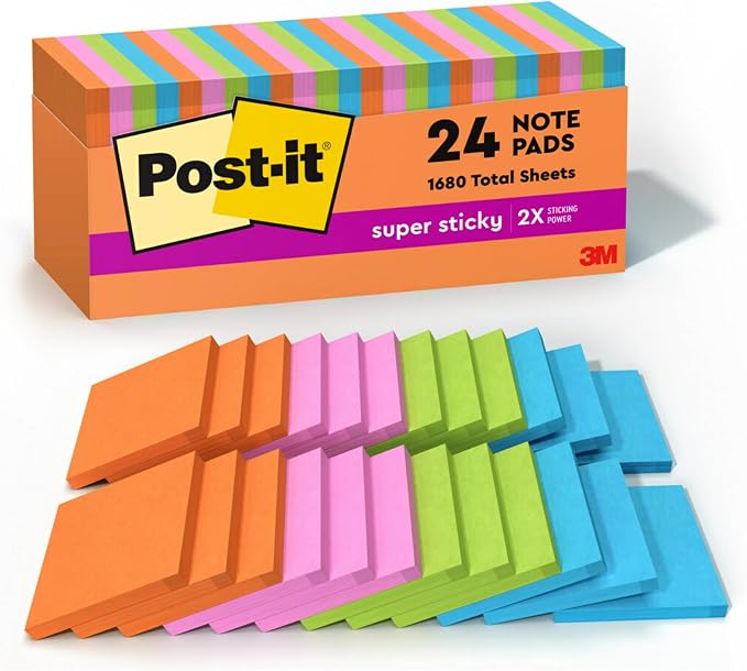Post-it Super Sticky Notes, 3 x 3 in, Neon Fizz, 24 Pads, 70 Sheets/Pad | by Unknown