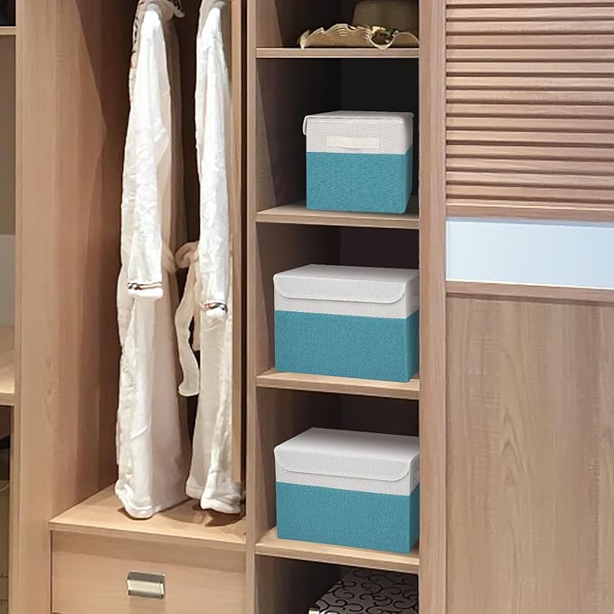 Large 22 Quart Linen Fabric Foldable Storage Bin Cube Organizer Basket with Flip-Top Lid & Handles, Clothes Blanket Box for Home, Office, Closet, Teal & White, 4 Pack 14.6 x 9.5 x 9.5-DeskLoop Office