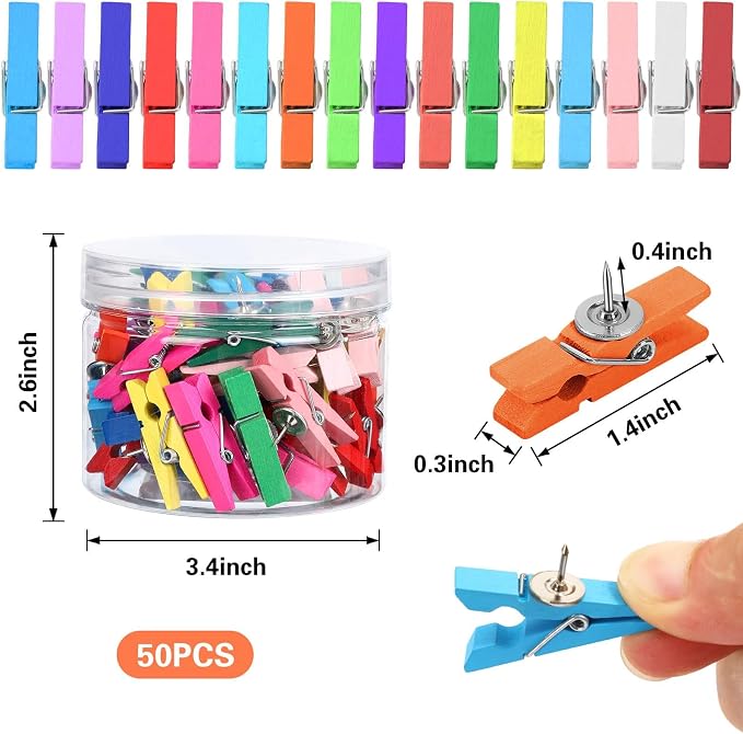 SANNIX 50Pcs Wooden Push Pin Clips, Bright Thumb Tack Clips - Image 2