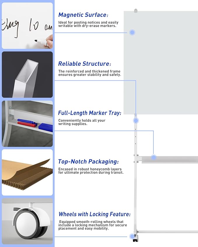 Mobile Glass Whiteboard, 48 x 36 inch Glass Board/w Height Adjustable, Large - Image 5