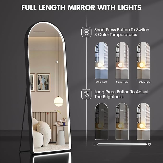Hasipu 65" X 24" Full Length Mirror with Lights, Black Frame Arch Led Mirror Full Length and 3 Colors Temperatures & Brightness Adjustable,Light Up Mirror Full Body for Bedroom Cloakroom Living Room-DeskLoop Office