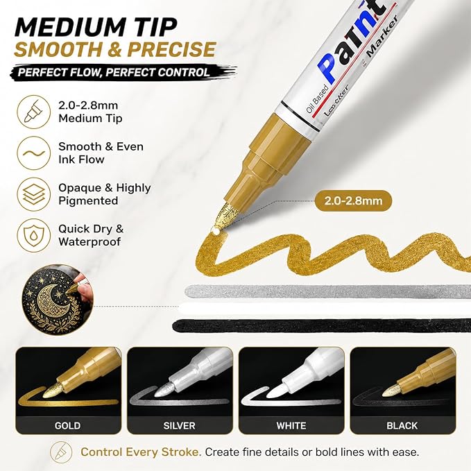 Paint Markers 4 Colors Oil Based Paint Pens – Gold, Fabric – Waterproof Quick - Image 2