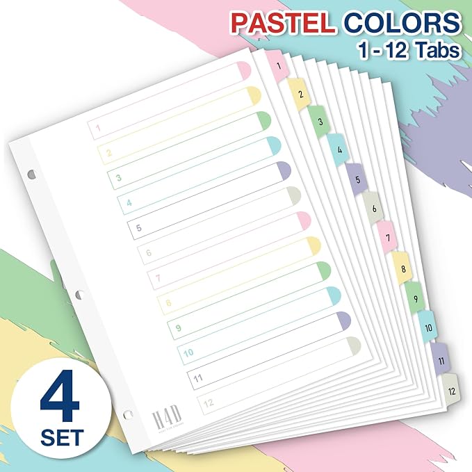 H4D 12 Tab Dividers for 3-Ring Binder, Numbered 1-12 Multicolor Tabs - Image 2