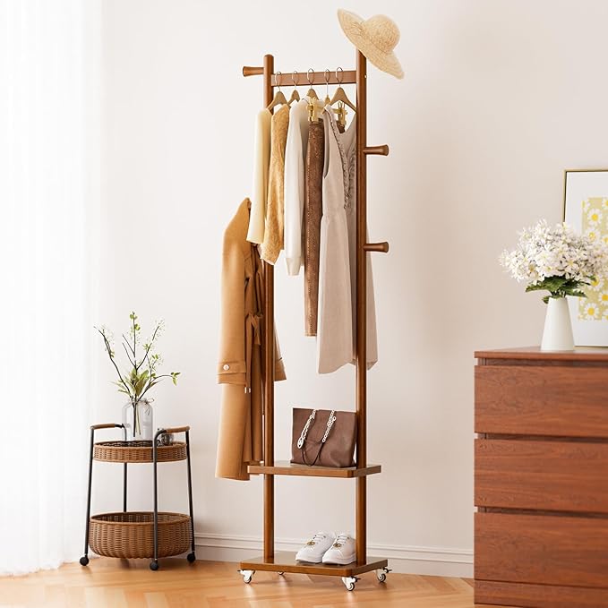 Coat Rack Freestanding Clothing Rack with Wheels & 2 Shelves Storage & 5 Hooks Heavy Duty Clothes Rack Wood Coat Tree Stand Hat Hanger Rack for Corner Bedroom Entryway Living Room Hotel-DeskLoop Office