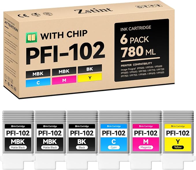 PFI-102 Ink Tank 6-Pack 130ml PFI102 Ink Cartridges Compatible with Canon imagePROGRAF iPF500 iPF510 iPF600 iPF605 iPF610 iPF650 iPF655 iPF700 iPF710 iPF720 iPF750 iPF755 iPF760 iPF765 Inkjet Printer-DeskLoop Office