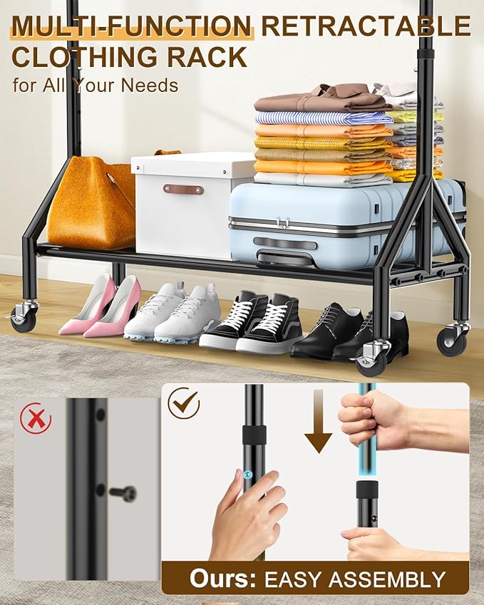 Heavy Duty Clothes Rack Load 520LBS, Adjustable Rolling Clothing Rack with Sturdy Wheel, Metal Industrial Closet Garment Racks for Hanging Clothes Coat, Portable for Bedroom, Laundry Living Room-DeskLoop Office