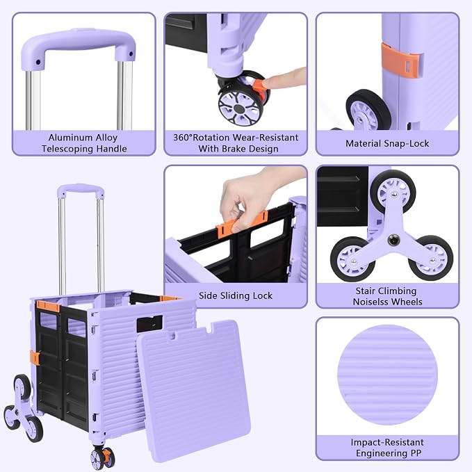 FELICON SELORSS Folding Utility Climber Cart Portable Rolling Crate-Purple | - Image 2