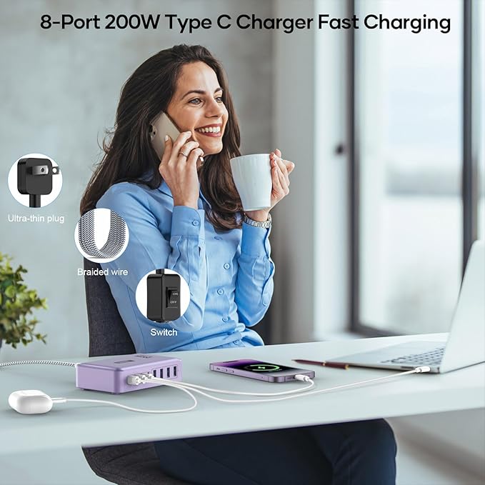 8-Port Type C Fast Charger Block 200W with Flat Plug, Braided Power Cord, and On/Off Switch- USB Charging Hub for iPhone, iPad, MacBook and More- 65W C Port Power Adapter for Laptops-DeskLoop Office