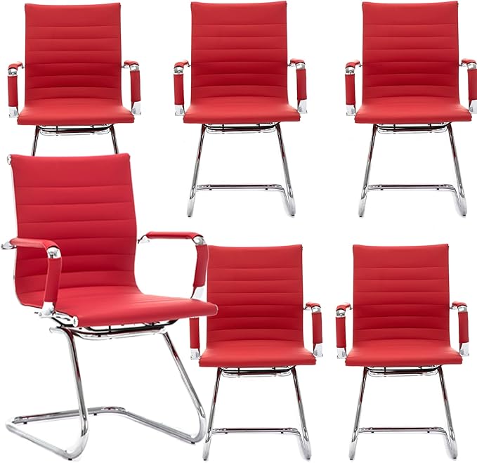 Office Desk Chair No Wheels Set of 6 PU Leather Computer Chairs Mid Back Guest Chairs for School Reception Conference Waiting Room, Deep Red-DeskLoop Office