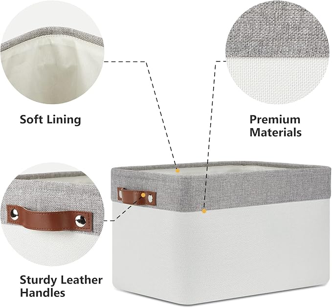 DULLEMELO Storage Baskets for Organizing, Shelves,Bedroom, Decorative Storage Bins with Leather Handles, Fabric Storage Basket for Office, Toys(3-Pack Medium-15 inch X 11 inch X 9.5 inch , Grey&White)-DeskLoop Office