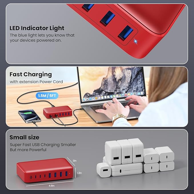 USB C Charger 200W USB C Charger Block,Upgraded GaN III 8-Port Fast Charging Station Hub,PD 65W Laptop Charging Adapter Compatible with MacBook Pro/Air,DELL,Steam Deck,iPhone 16/15/14,Galaxy S23/22-DeskLoop Office