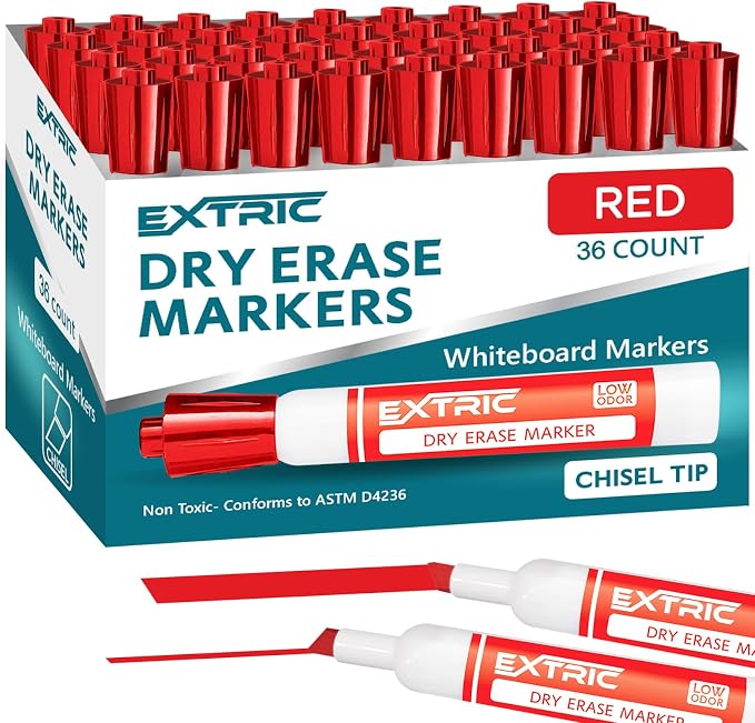 EXTRIC Red Dry Erase Markers 36 PK Whiteboard Marker Bulk Chisel Tip | Use: by EXTRIC