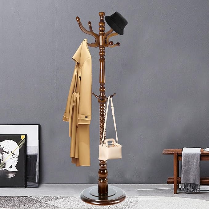 Coat Racks FreeStanding with 11 Hooks, Natural Wood Coat Rack with Solid Round Base, Adjustable Height Coat Racks, Easy Assembly for Hallway, Bedroom and Office (Walnut-Solid Round Base)-DeskLoop Office