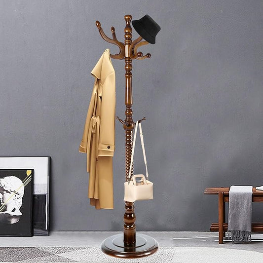 Coat Racks FreeStanding with 11 Hooks, Natural Wood Coat Rack with Solid Round Base, Adjustable Height Coat Racks, Easy Assembly for Hallway, Bedroom and Office (Walnut-Solid Round Base)-DeskLoop Office