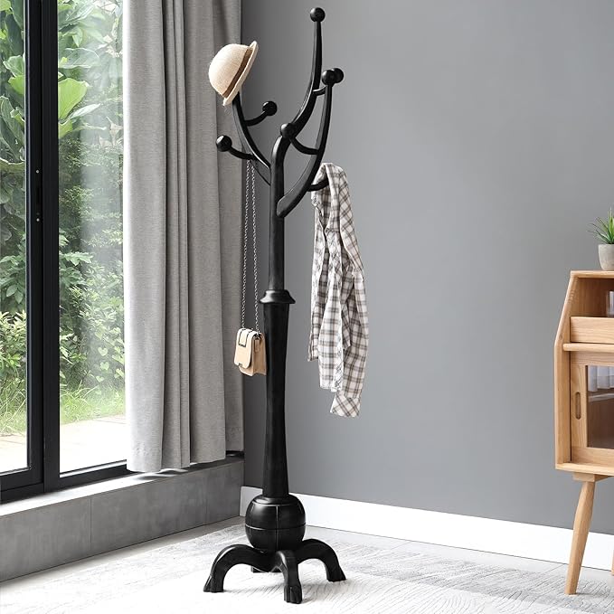 Heavy Duty Coat Rack Freestanding Wood Tree Rack with 8 Hooks, Unique Design Tree Branch-look, Premium Coat Tree Clothes Hanger Stand with Sphere Base for Entryway, Hallway, Bedroom-Load 160lbs Black-DeskLoop Office