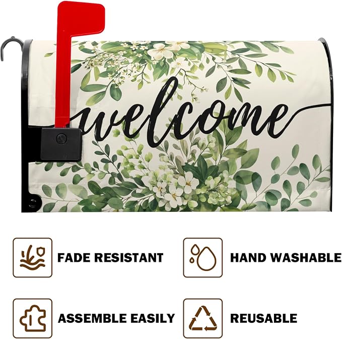 Welcome Spring Mailbox Covers Magnetic Green Eucalyptus Leaf Wreath Flowers - Image 5