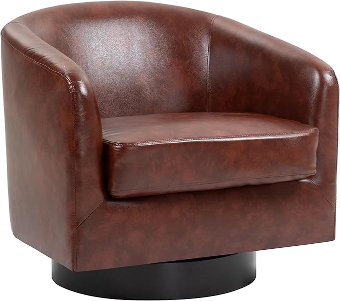 UIXE Faux Leather Swivel Accent Chair with Wood Base, Modern Upholstered Barrel Chairs for Living Room, Comfy Round Armchair Single Sofa Bedroom Reading Seat - 31" W, Red Brown-DeskLoop Office