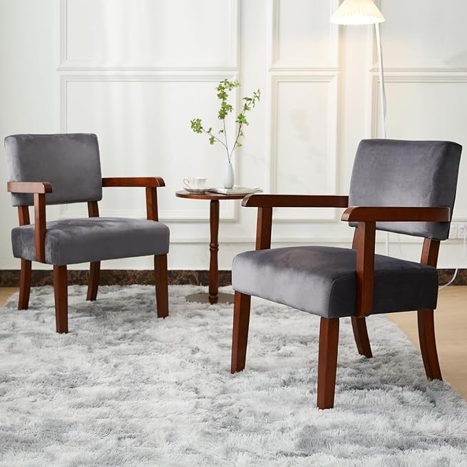 Accent Chair Set of 2 with Table, Living Room Chairs with VelvetSoft Seat and Armrests for Living Room Bedroom Reading Room Waiting Room (Greyvelvet)-DeskLoop Office