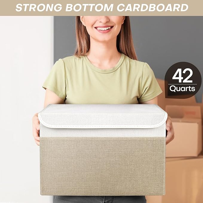 Large 17" 42 Quarts Collapsible Stackable Storage Bins with Lids [3-Pack] Foldable Fabric Linen Storage Boxes Cube, Closet Organizer Baskets with Label (16.7 x 12 x 12", Beige & White)-DeskLoop Office