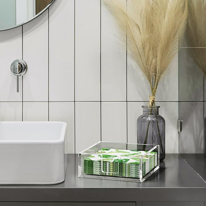 HIIMIEI Acrylic Napkin Holder for Table: Square Cocktail Napkin Dispenser, Flat Guest Towel Holder Tray, Disposable Hand Towel for Bathroom, Kitchen, Bar, Dinner, Party（Clear）-DeskLoop Office
