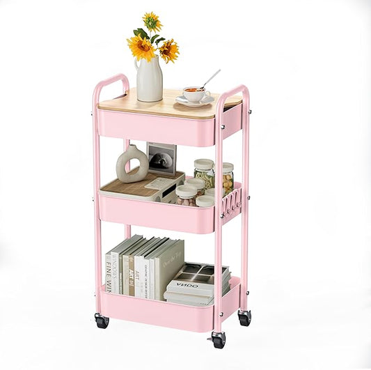 3 Tier Rolling Cart with Table top, Metal Rolling Utility Cart, Sturdy Storage by Johgee